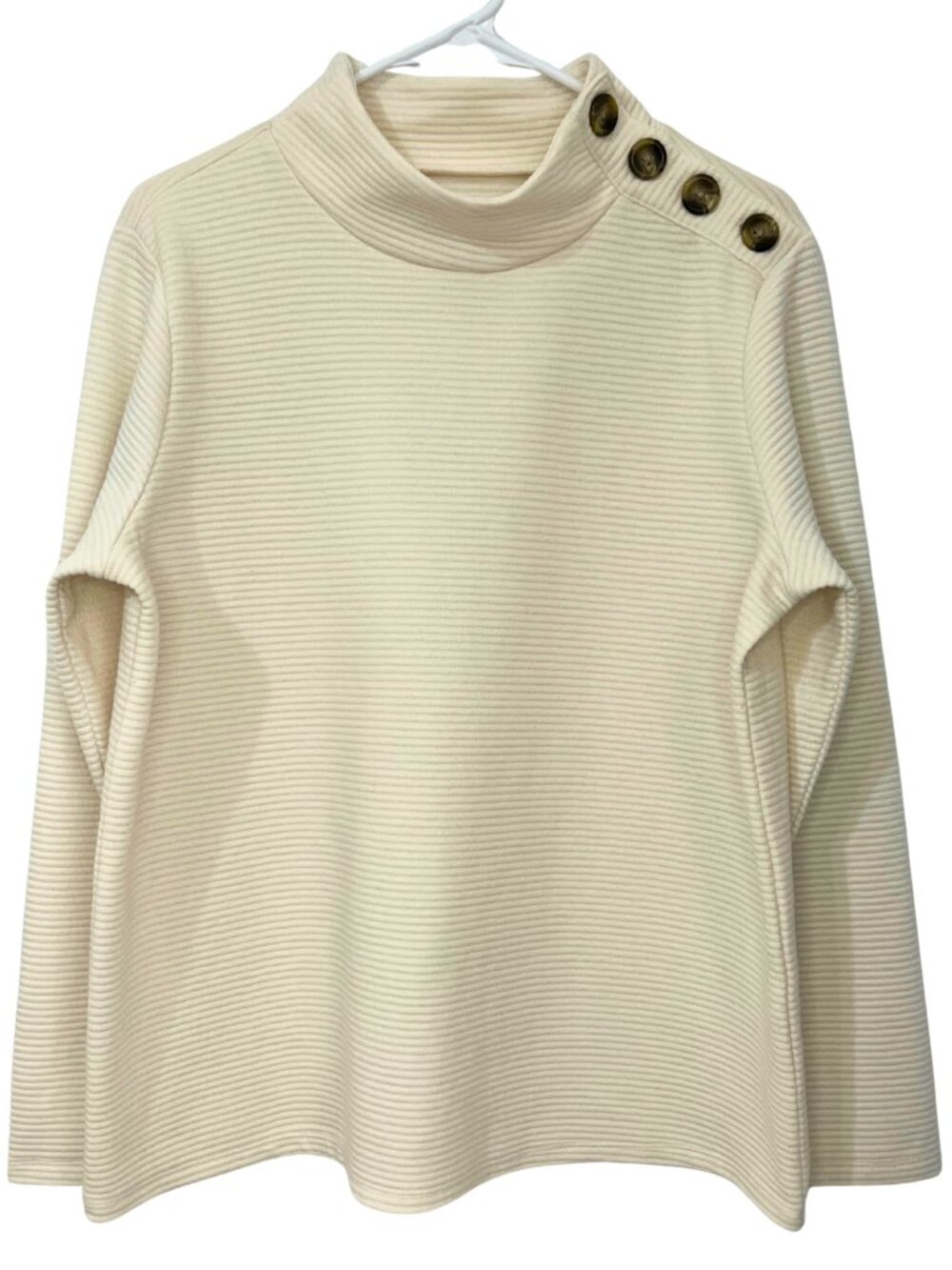 St. John’s Bay Women’s Large Ivory Ribbed Mock Neck Sweater Button Quiet Luxury